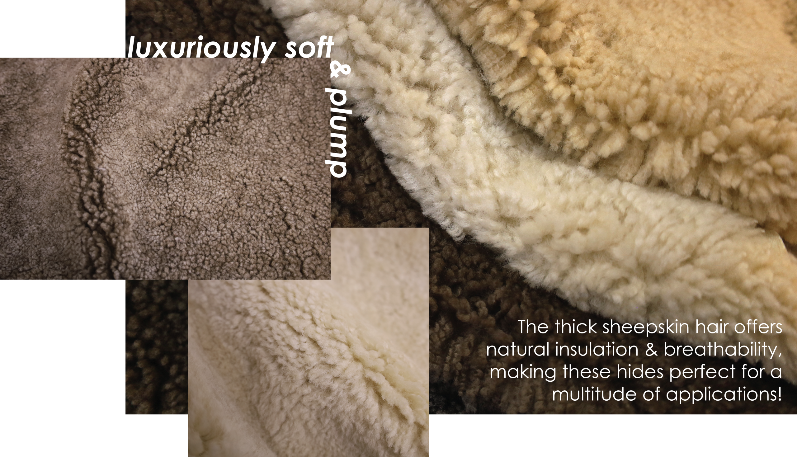 Various shearling hides layered on top of one another.